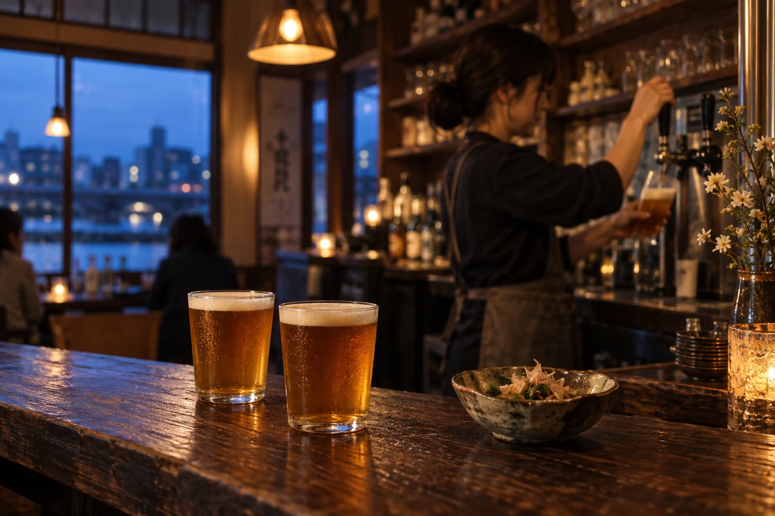 木のカウンターの麦酒