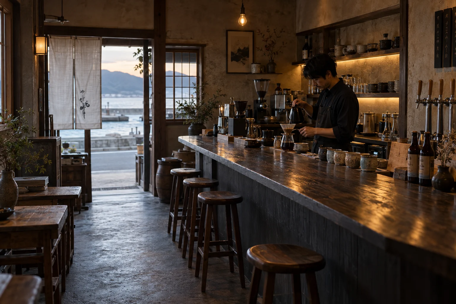 海辺の架空店の木のカウンター