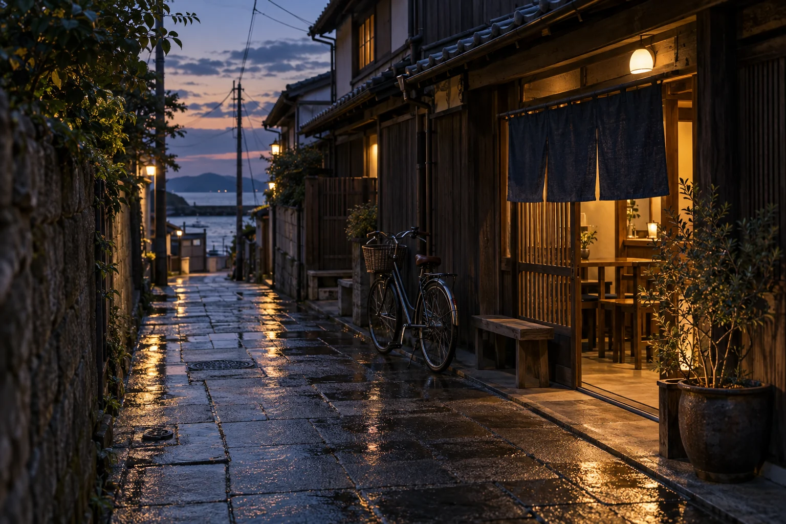 雨上がりの日本の海辺の町